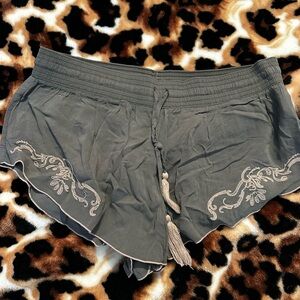 Gray Embroidered Shorts with Tassels